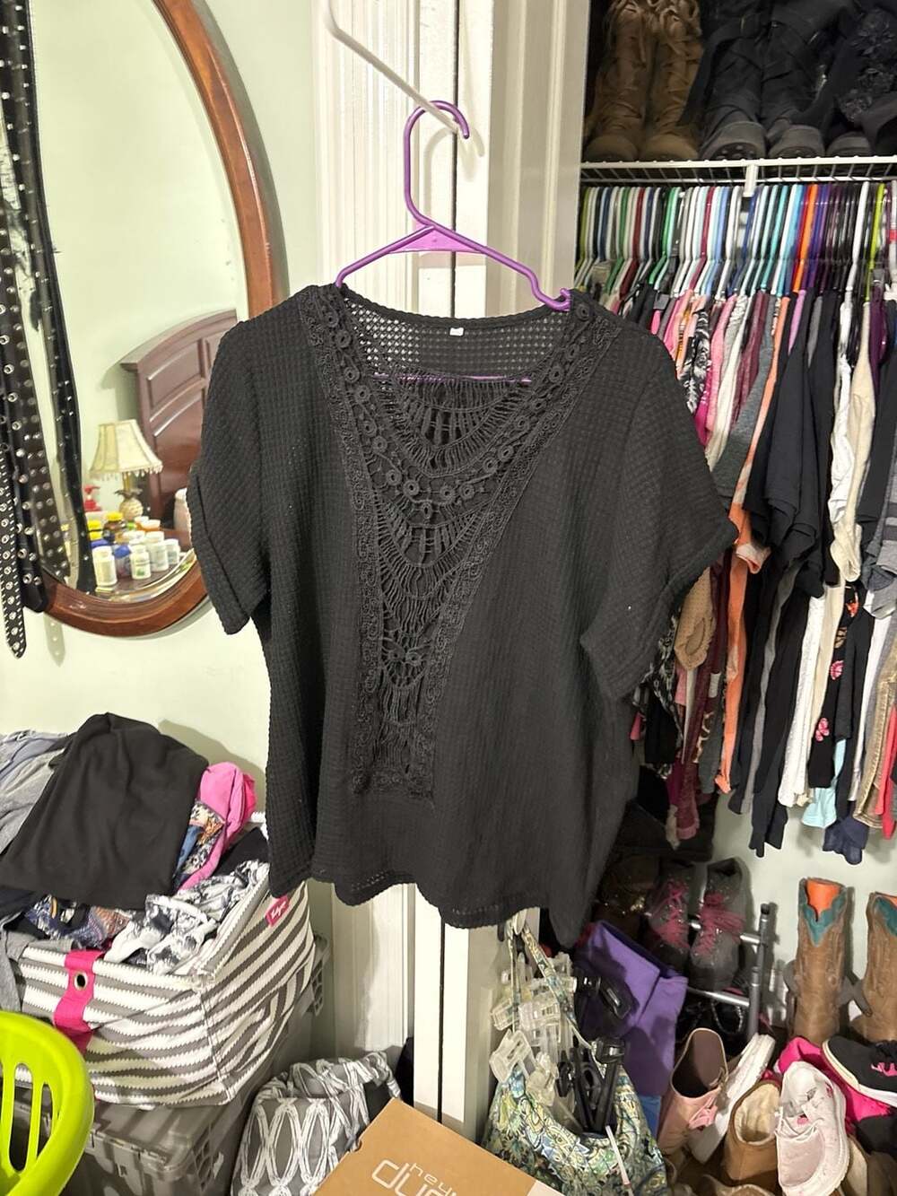 Dokotoo Women's Black Waffle Knit Crochet Lace V-Neck Short Sleeve Top, Size 2XL